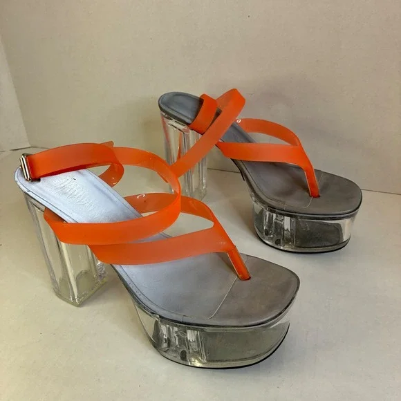 Dolls Kill Darker Wavs Coral Orange Clear Platform Sandals DW20-656 Womens 8M - Picture 2 of 16
